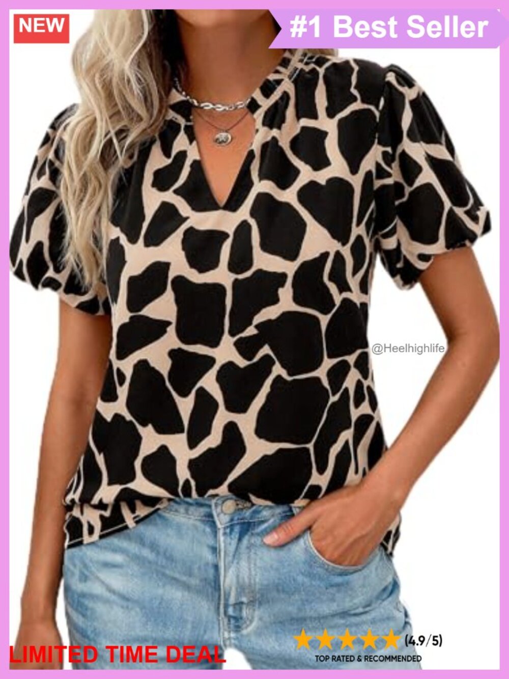 Boho Floral Chiffon Blouse V-Neck Puff Sleeve Work Top